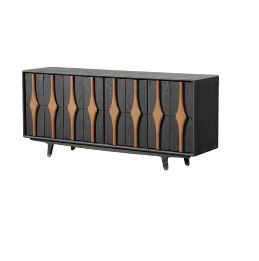 Black and Natural Wood Sideboard Cabinet, Modern Solid Wood Buffet Credenza with Vertical Accent Door Fronts, Dining Room Storage Cabinet for Living Room, Entryway and Hallway