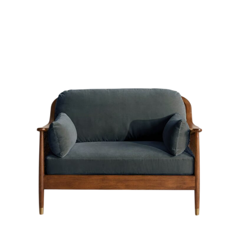 Solid Wood Frame Loveseat Sofa Chair, Upholstered 2-Seater Accent Couch with Wood Arms and Pillows for Living Room, Bedroom, Office, Lounge, Dark Gray