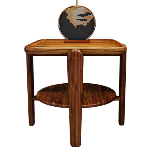 Wenge Wood Square Side Table with Lower Shelf and Decorative Accent