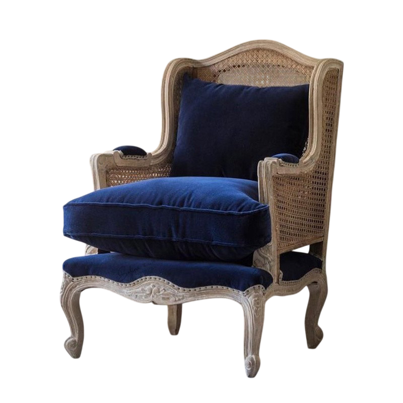 French Country Wingback Accent Chair – Luxury Solid Wood Cane Back Velvet Lounge Chair for Living Room, Bedroom & Reading Nook