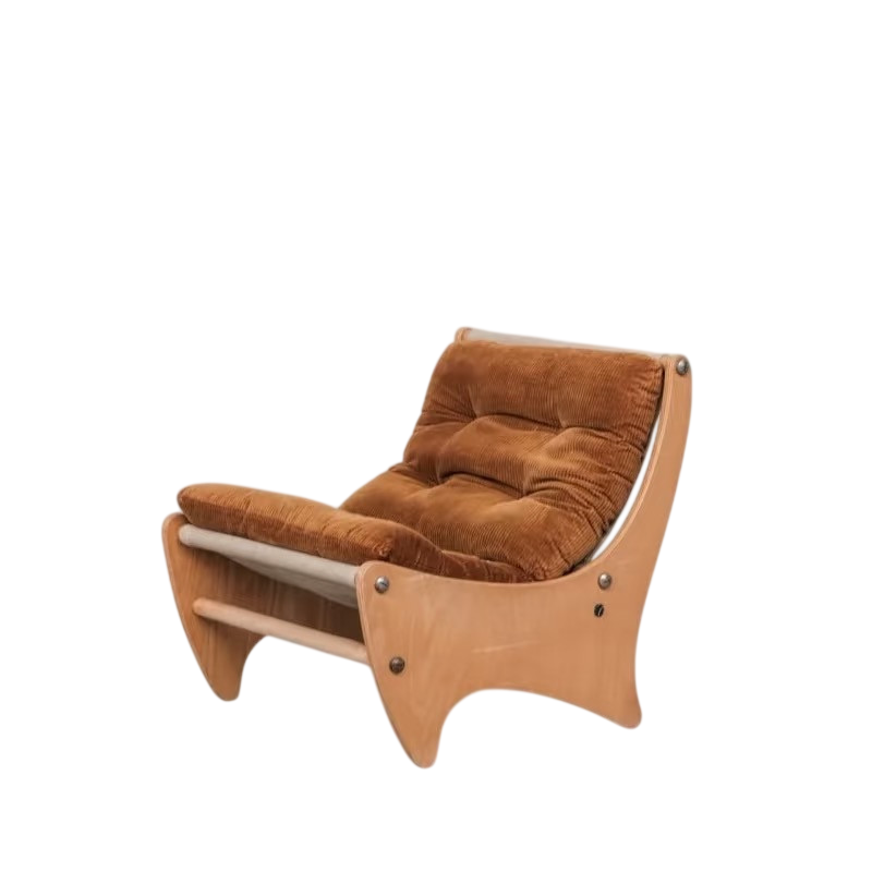Mid Century Modern Lounge Chair, Brown Corduroy Fabric Accent Chair with Light Wood Frame, Low Profile Single Sofa Chair for Living Room, Bedroom, Balcony, Reading Nook, Café and Boutique Hotel