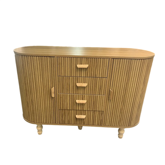 Natural Wood Fluted Sideboard, 4 Drawers and 2 Doors