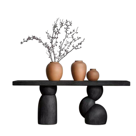 Black Solid Wood Console Table, 39 Inch Wabi Sabi Entryway Table with Sculptural Pedestal Base, Narrow Hallway Sofa Table for Foyer, Corridor, Living Room, Modern Accent Decor