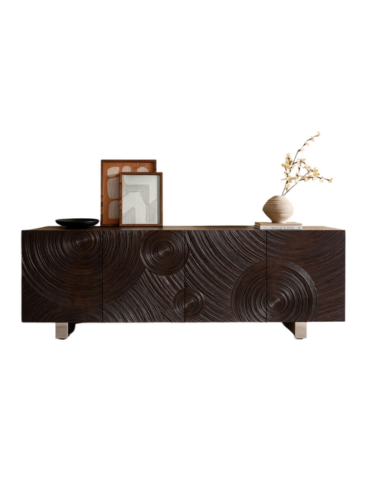 Solid Wood Sideboard Buffet Cabinet, Dark Walnut Credenza with Hand-Carved Circular Door Design, Vintage Modern Storage Cabinet for Dining Room, Living Room, Hallway and Entryway