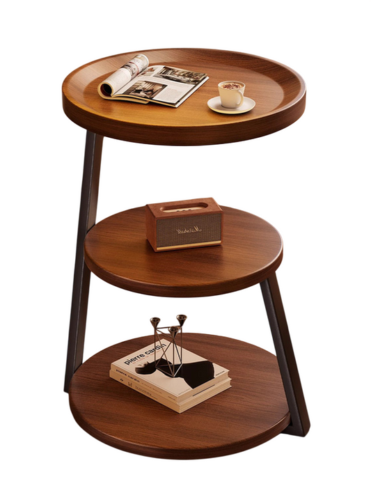 Walnut Brown 3-Tier Round Side Table with Storage Shelves, Black Frame