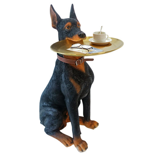 Doberman Dog Statue Tray Holder, Large Resin Dog Floor Decor with Gold Round Tray, Luxury Entryway Storage Stand for Living Room, Hallway, TV Cabinet and Housewarming Gift