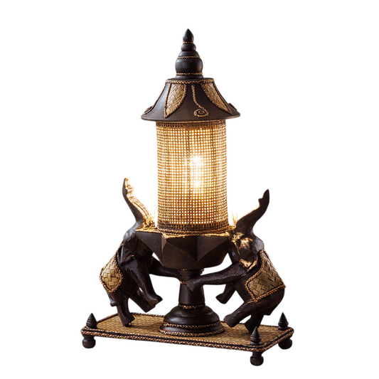 Double Elephant Table Lamp, Southeast Asian Inspired Resin Accent Lamp with Woven-Style Shade, Vintage Decorative Bedside Light for Bedroom, Living Room, Dining Room, Bar, Office, Hotel, and Spa Decor
