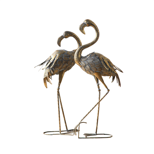 Set of 2 Gold Metal Flamingo Statues, Vintage Standing Bird Sculptures, Decorative Floor Figurines for Living Room, Entryway, Patio, Wedding Decor, Photo Props