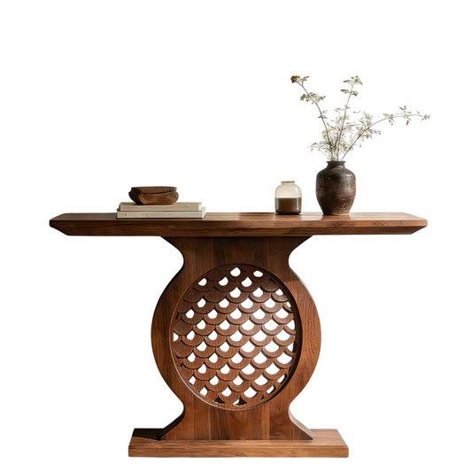 Solid Ash Wood Console Table with Carved Round Pedestal Base