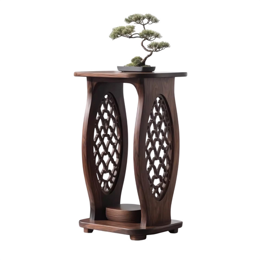 Solid Black Walnut End Table, Round Accent Side Table with Openwork Carved Base, Modern Wooden Sofa Side Table for Living Room, Bedroom, Reading Nook &amp; Small Spaces