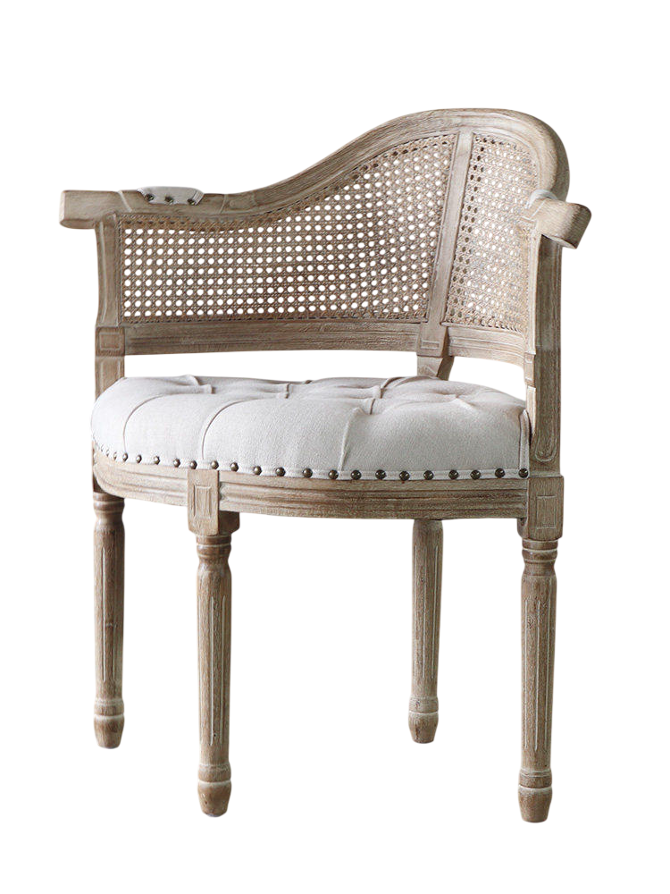 French Country Cane Armchair with Beige Tufted Linen Seat