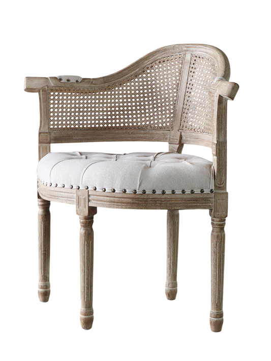 French Country Cane Armchair with Beige Tufted Linen Seat