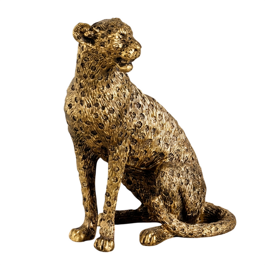 Antique Gold Resin Leopard Figurine, Vintage Luxe Sitting Big Cat Statue with Textured Spotted Finish for Entryway Console, TV Stand, Sideboard, Living Room, Office and Bookshelf Décor
