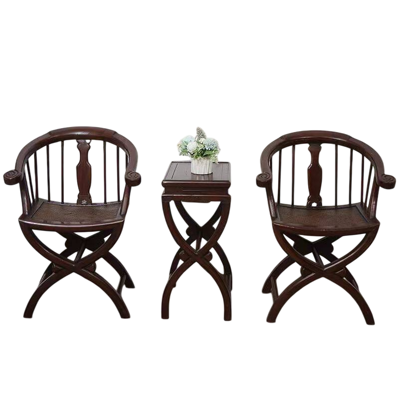 3 Piece Solid Elm Wood Chinese Style Horseshoe Back Chair Set, Rustic Brown Round Back Armchairs with Side Table, Traditional Accent Seating Set for Living Room, Entryway, Tea Room, Bedroom, and Lounge