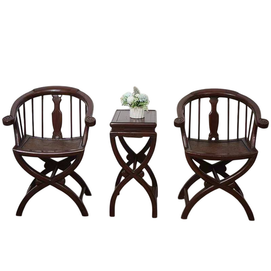 3 Piece Solid Elm Wood Chinese Style Horseshoe Back Chair Set, Rustic Brown Round Back Armchairs with Side Table, Traditional Accent Seating Set for Living Room, Entryway, Tea Room, Bedroom, and Lounge