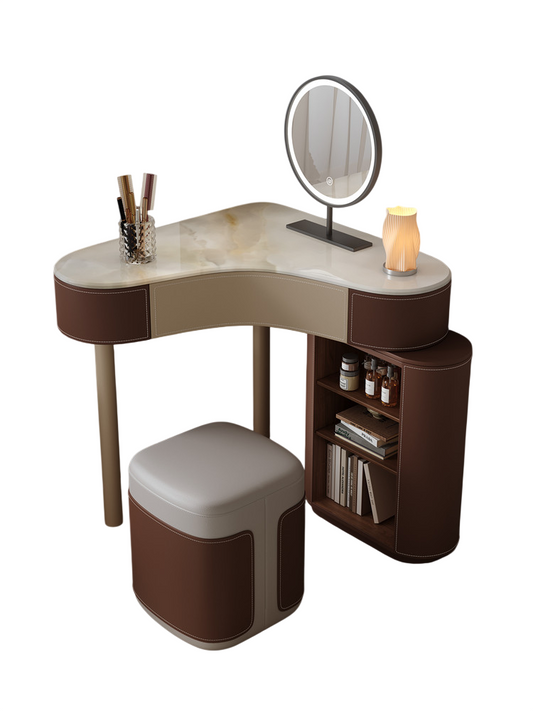 Brown Corner Vanity Set with Mirror, Stool, Drawers and Storage Cabinet