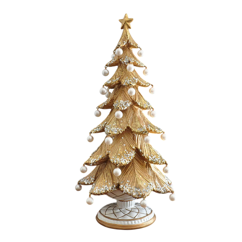 Gold Christmas Tree Tabletop Decor, Resin Holiday Tree Figurine with Pearl Ornaments, Star Topper and Pedestal Base, Elegant Christmas Centerpiece for Mantel, Shelf, Table, Living Room