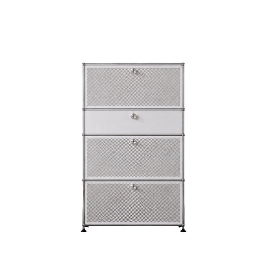 Silver Modular Style Metal Storage Cabinet, 4 Door Stainless Steel Look Chest, Perforated Front Accent Cabinet for Living Room, Bedroom, Office, Entryway, Modern Industrial Decor