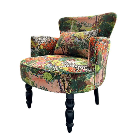 Multicolor Forest Wildlife Print Accent Chair, Upholstered Barrel Armchair with Curved Arms, Black Turned Wood Legs and Matching Lumbar Pillow for Living Room, Bedroom and Reading Nook