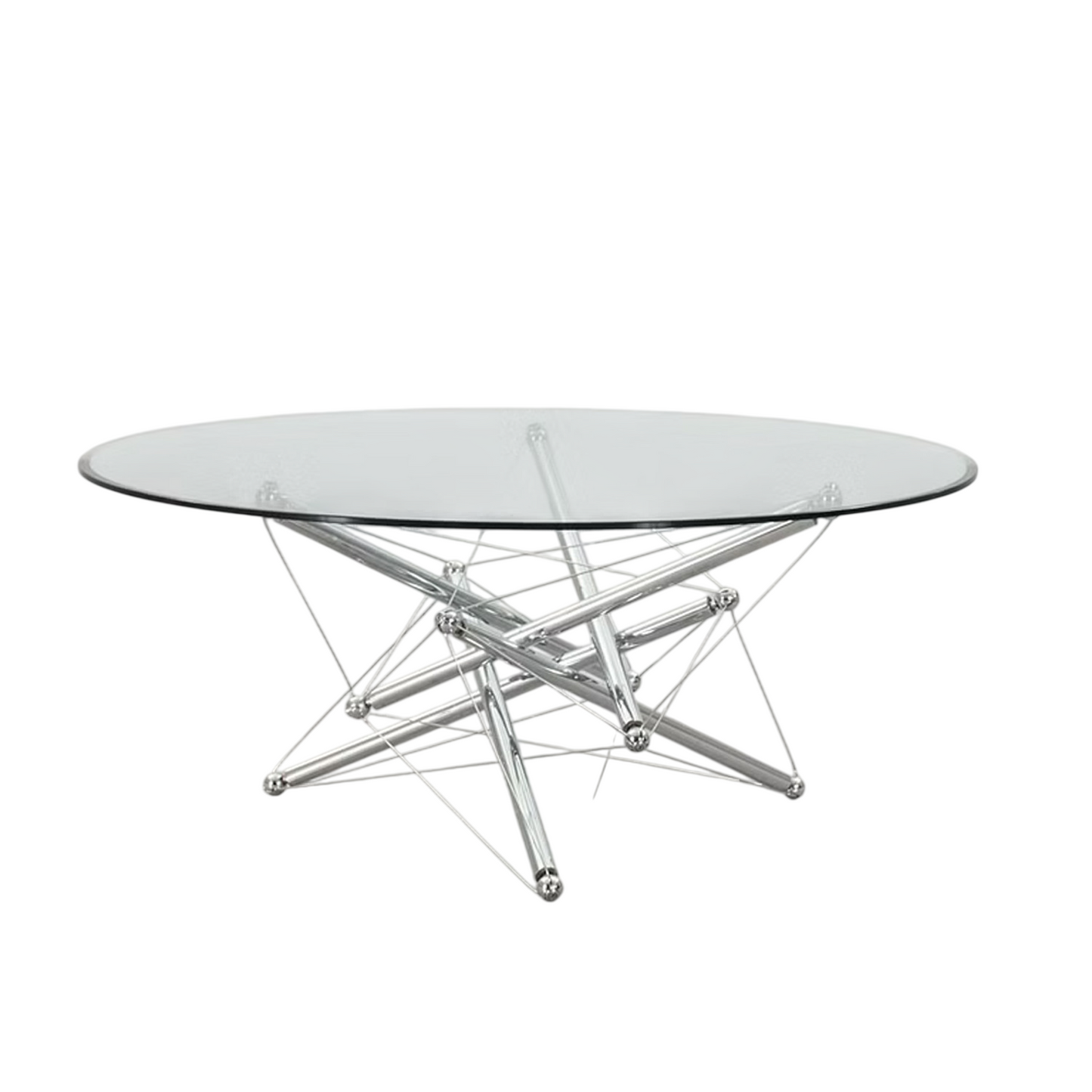 Round Glass Coffee Table, Ultra Clear Tempered Glass Cocktail Table with Polished Stainless Steel Tension Rod Base, Modern Center Table for Living Room, Villa, Lounge
