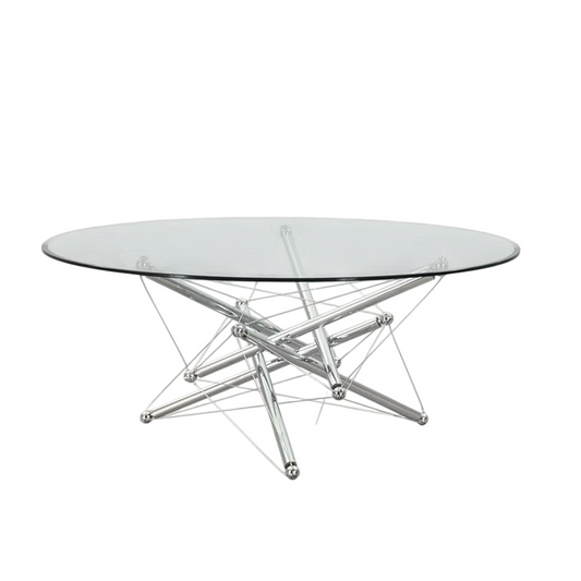 Round Glass Coffee Table, Ultra Clear Tempered Glass Cocktail Table with Polished Stainless Steel Tension Rod Base, Modern Center Table for Living Room, Villa, Lounge