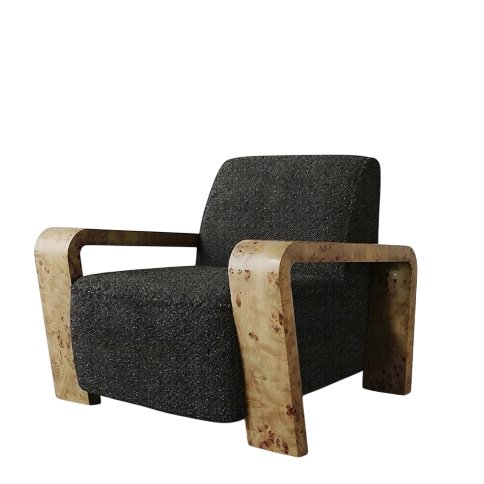 Modern Black Linen Accent Chair, Upholstered Lounge Armchair with Curved Solid Wood Arms, Nordic Luxury Single Sofa Chair for Living Room, Bedroom, Hotel Lobby, Reading Corner
