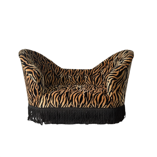 Tiger Print Loveseat Sofa, Upholstered Fabric Lounge Couch with High Curved Arms and Fringe Base for Living Room, Bedroom, Boutique Hotel and Reading Lounge