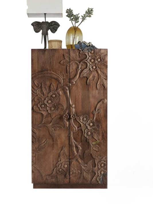 Carved Floral Wardrobe Cabinet with 2 Doors, Shelves and 2 Drawers