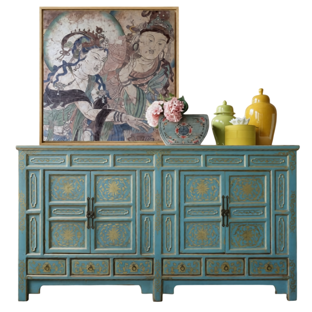 Turquoise 4-Door Solid Wood Sideboard with Hand-Painted Gold Floral Design