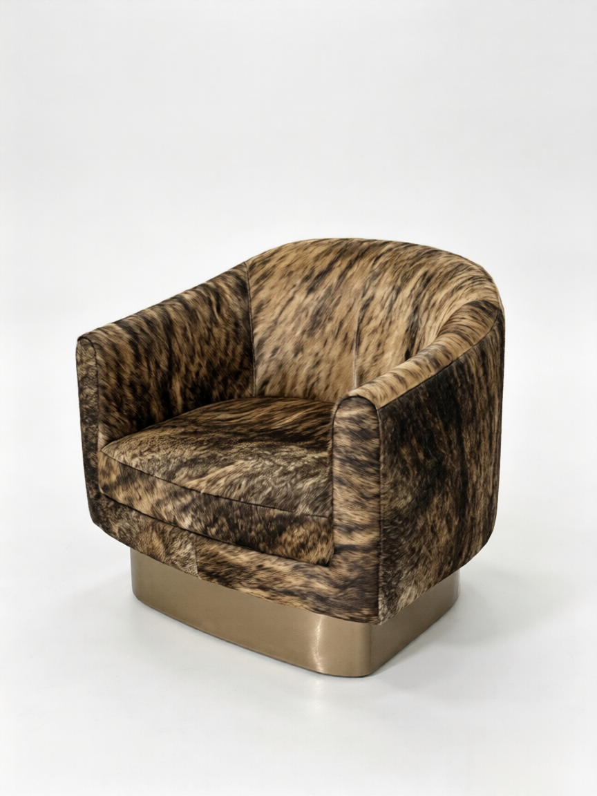 Modern Hair-On Hide Barrel Accent Chair with Stainless Steel Base, Upholstered Lounge Armchair for Living Room, Bedroom, Office and Reading Nook, Brown