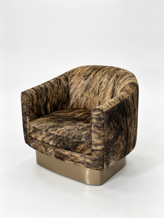 Modern Hair-On Hide Barrel Accent Chair with Stainless Steel Base, Upholstered Lounge Armchair for Living Room, Bedroom, Office and Reading Nook, Brown