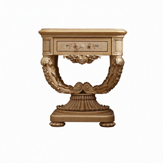 Carved Wood Nightstand with Drawer and Floral Pedestal Base for Bedroom