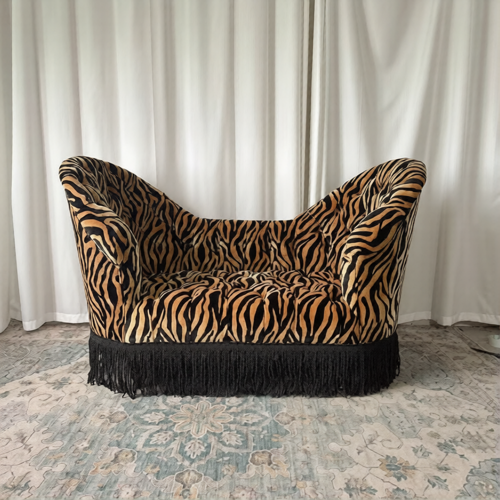Tiger Print Loveseat Sofa, Upholstered Fabric Lounge Couch with High Curved Arms and Fringe Base for Living Room, Bedroom, Boutique Hotel and Reading Lounge