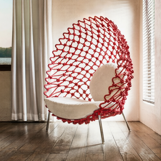 Red Outdoor Pod Lounge Chair, Woven Rope Accent Chair with Cushion, High Back Patio Nest Chair for Balcony, Garden, Villa, Hotel and Indoor Lounge Spaces