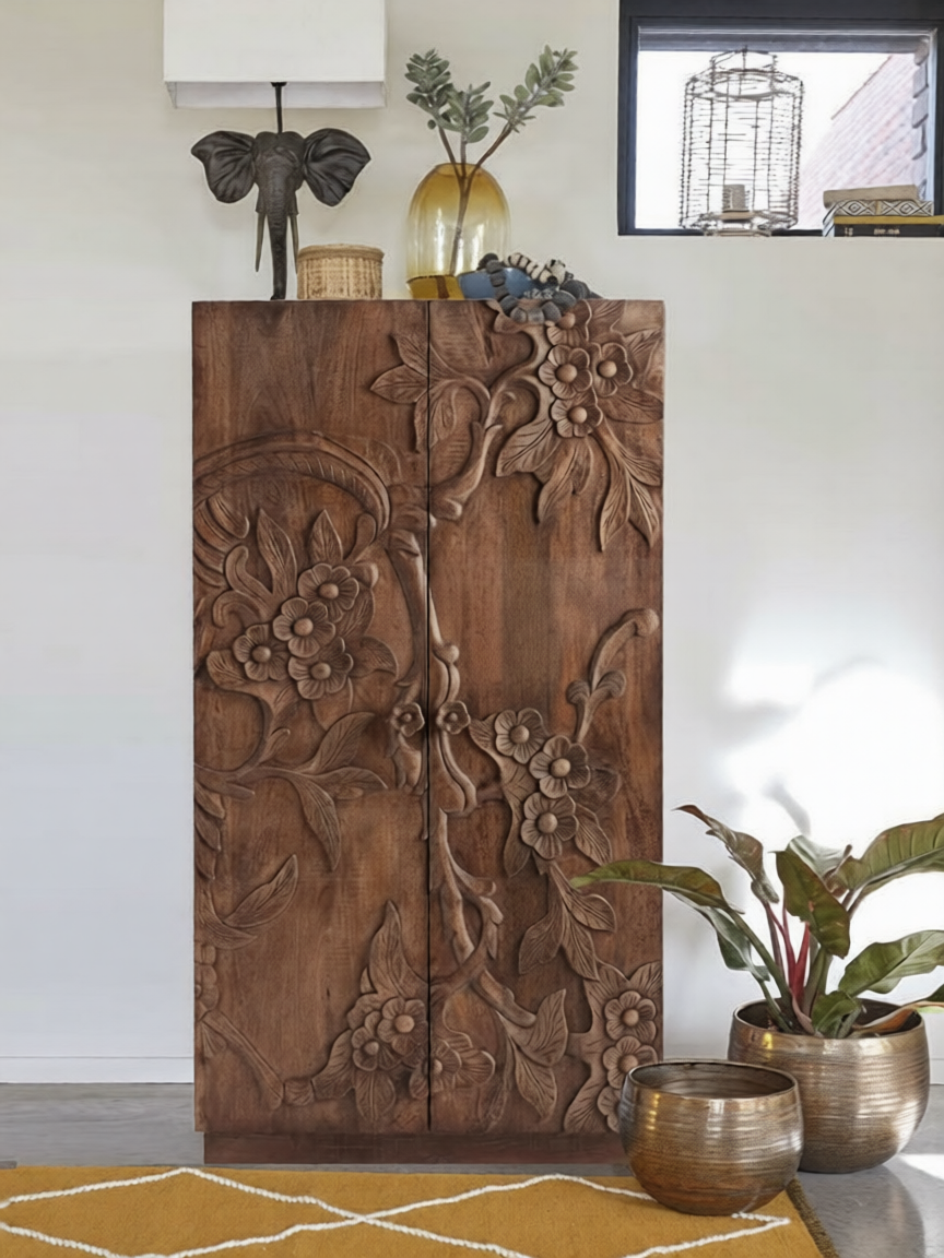 Carved Floral Wardrobe Cabinet with 2 Doors, Shelves and 2 Drawers