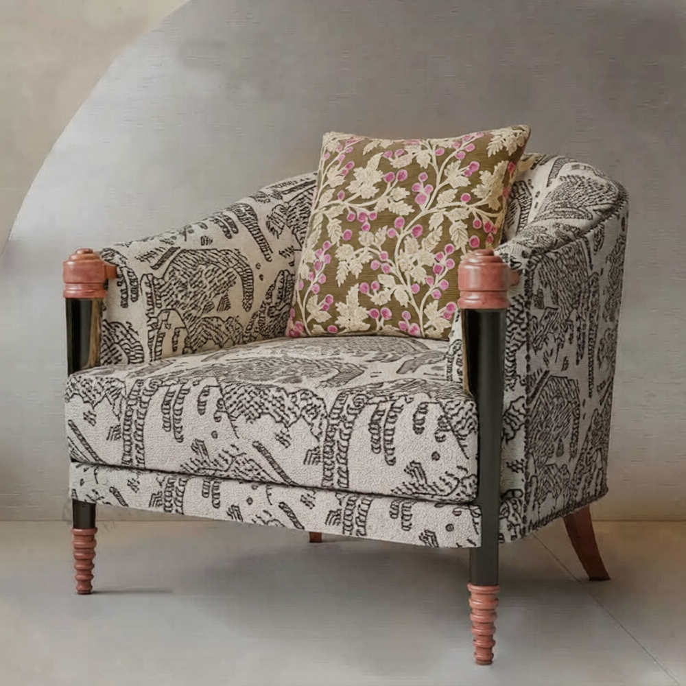 French Country Upholstered Accent Armchair, Vintage Pattern Fabric Lounge Chair with Solid Wood Turned Legs, Classic Cigar Club Chair for Living Room, Bedroom, Reading Nook, Office, Hotel &amp; Reception Seating
