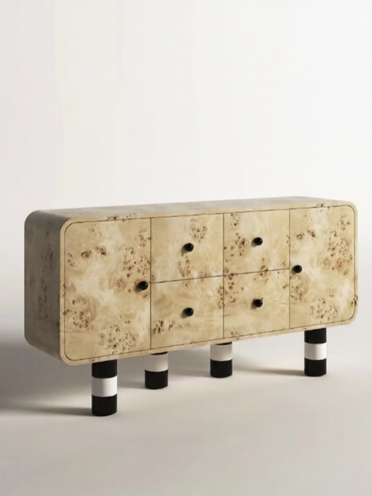 Burl Wood Sideboard Storage Cabinet, 63 Inch Vintage Style Credenza with Black and White Striped Legs, Artistic Buffet Cabinet for Dining Room, Living Room, Entryway, Hallway, and Home Organization