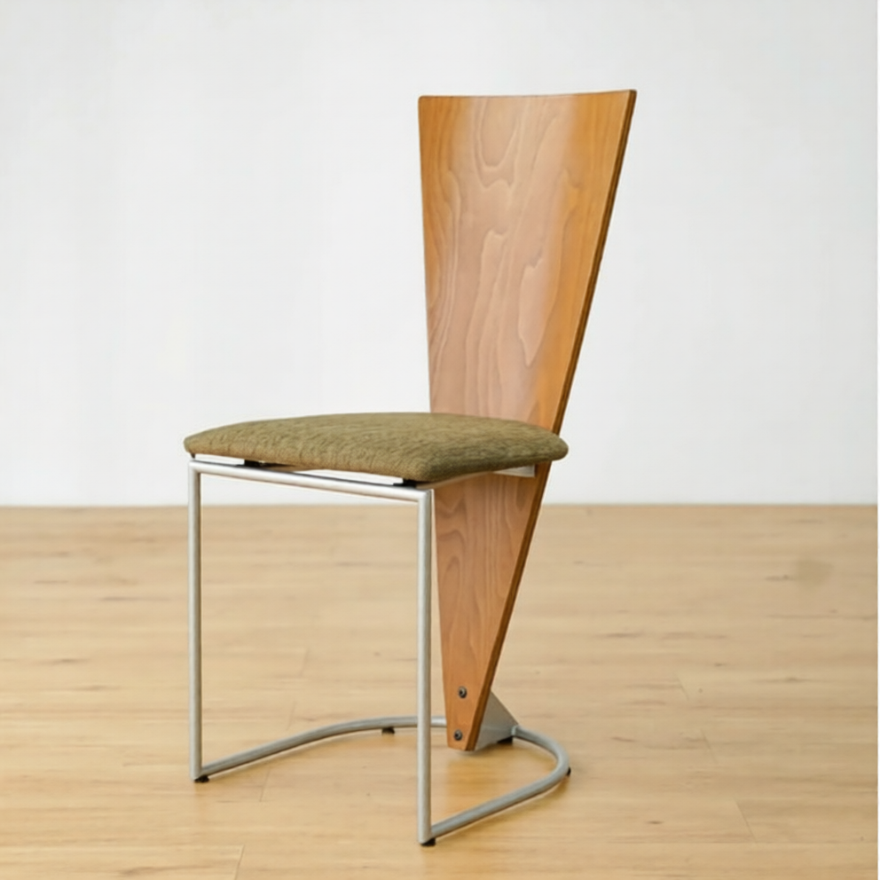 Vintage Inspired Dutch Design Dining Chair, High Back Wood Accent Chair with Green Upholstered Seat and Metal Frame, Mid Century Modern Side Chair for Dining Room, Café, Kitchen, Desk and Restaurant Seating