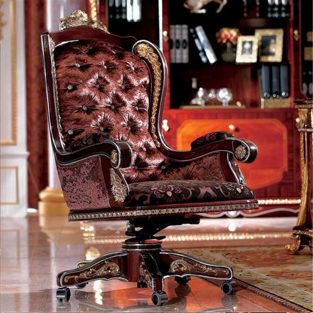 Luxury Executive Office Chair Solid Wood Carved Swivel Desk Chair Tufted High Back Leather Accent Chair Vintage Rolling Home Office Chair with Armrests