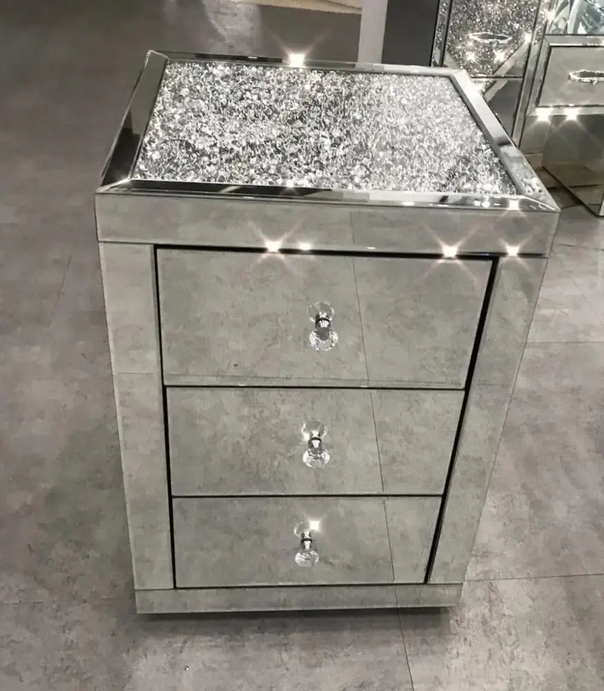 Silver Mirrored Nightstand with 3 Drawers and Crystal Inlay