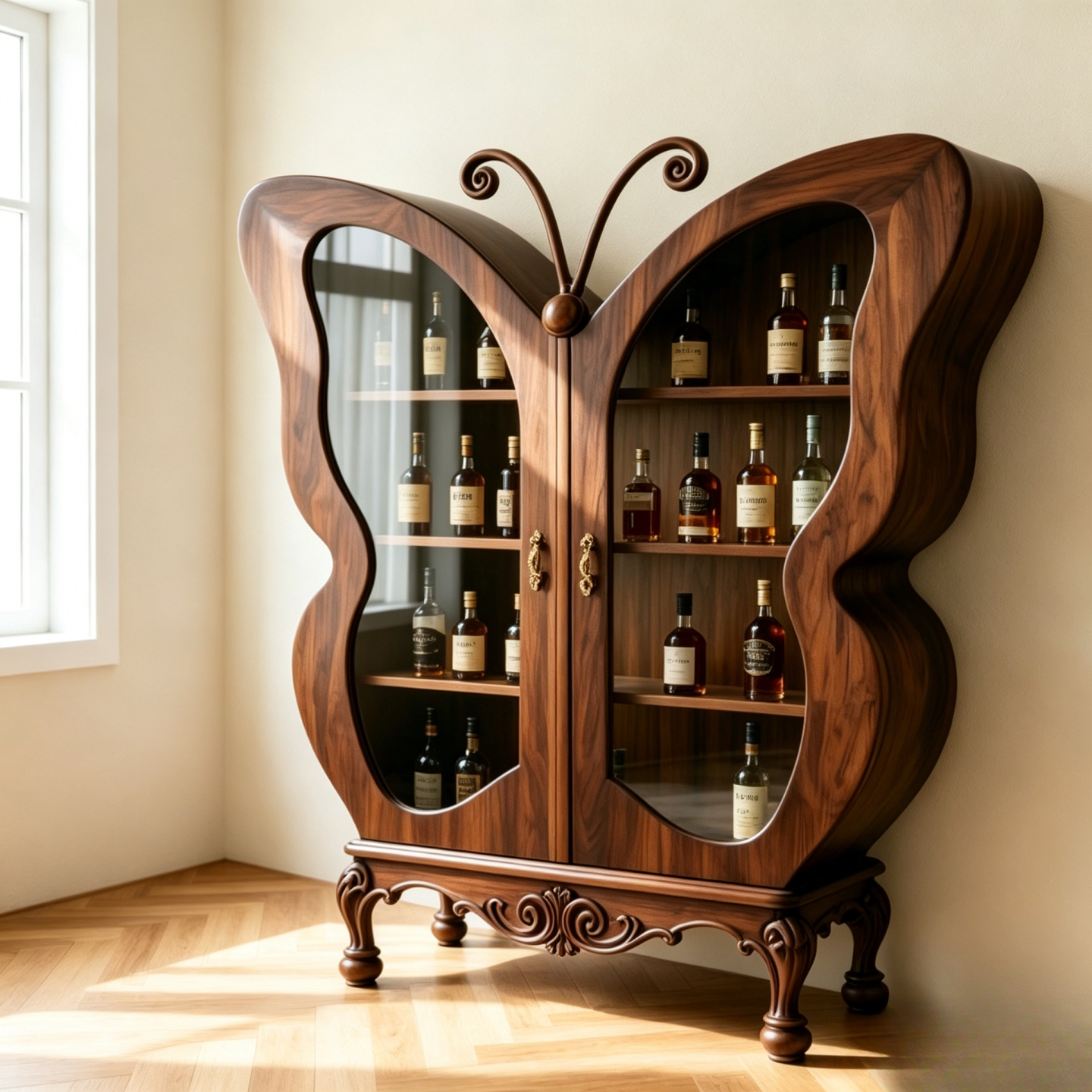 Butterfly Liquor Cabinet with Glass Doors, Ash Wood Bar Display Storage
