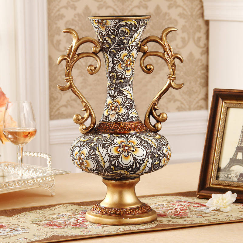 Gold Floral Resin Vase with Ornate Handles for Dried Flowers