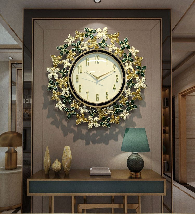 Black White Floral Wall Clock with Gold Accents, 31.5 Inch