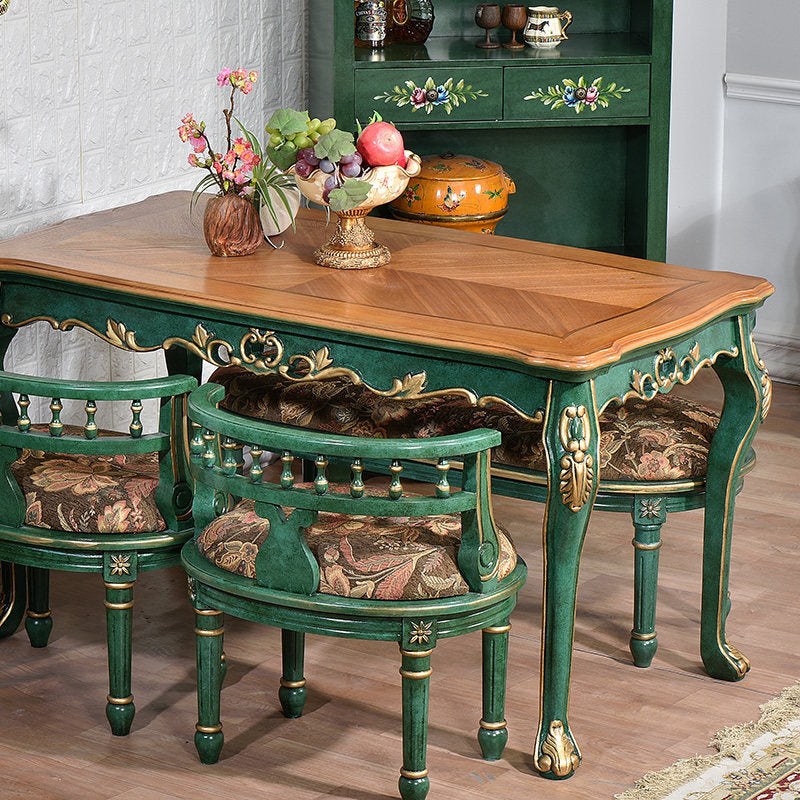 Solid Wood Dining Set with Table, 2 Chairs and Upholstered Bench, Green