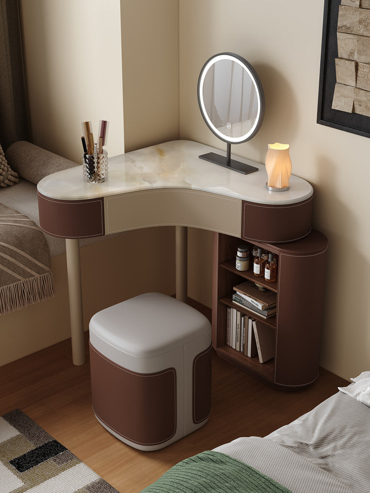 Brown Corner Vanity Set with Mirror, Stool, Drawers and Storage Cabinet