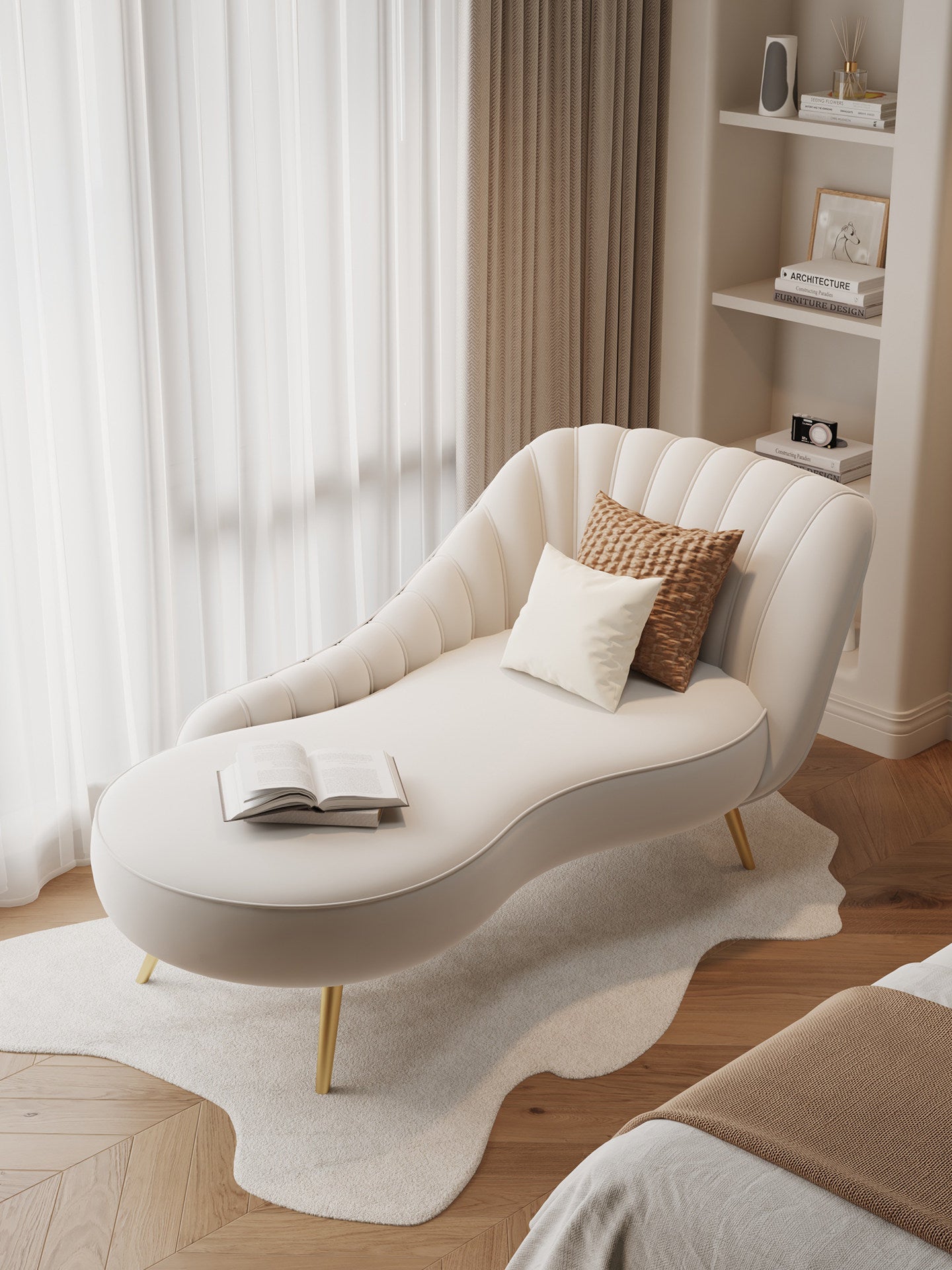 Cream Velvet Curved Chaise Lounge Sofa with Channel-Tufted Shell Back, High-Density Foam Cushion, Solid Wood Frame and Gold-Tone Legs for Living Room, Bedroom, Hotel and Reception Area