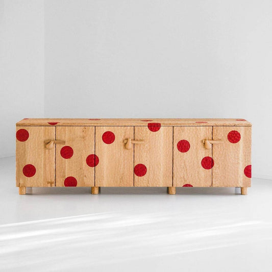 Natural Wood Sideboard Cabinet with Red Circle Pattern, 4 Door Buffet Credenza, Modern Minimal Storage Cabinet for Living Room, Dining Room, Entryway and Hallway