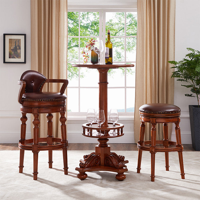Brown Solid Wood Round Bar Table, Carved Pedestal, 24 Inch