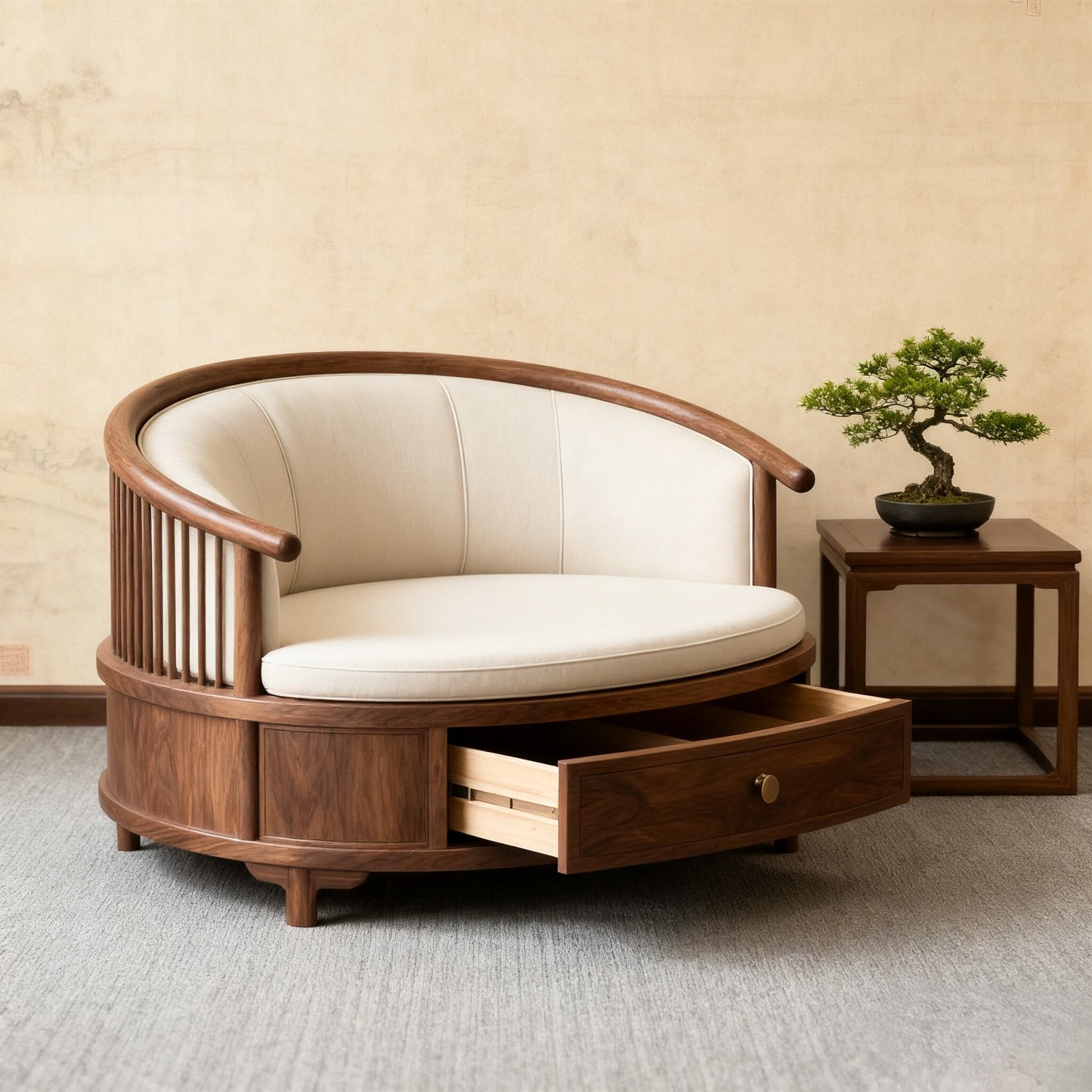 Ash Wood Barrel Chair with Storage Drawer and White Cushion