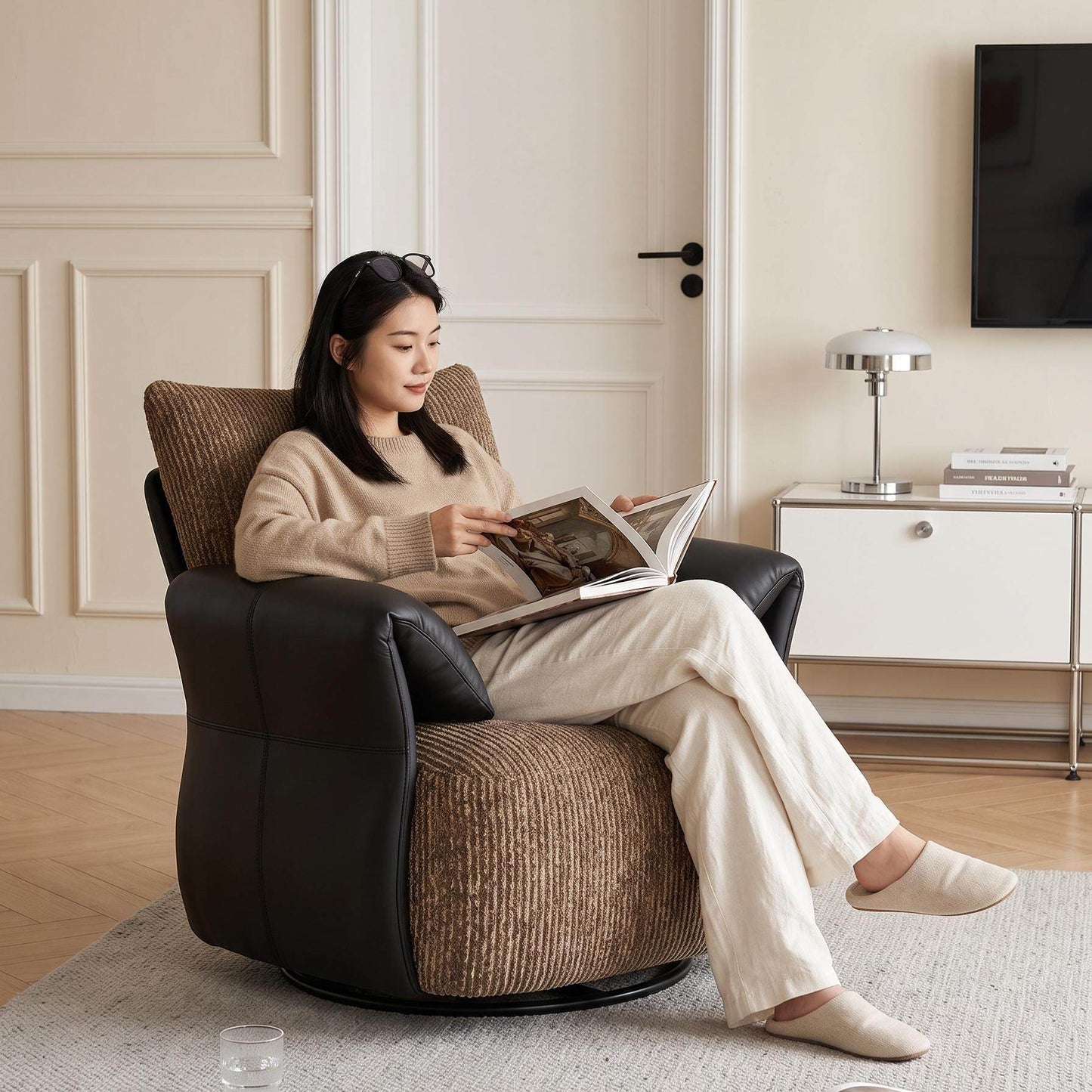 Brown Chenille Accent Chair with Black Faux Leather Arms